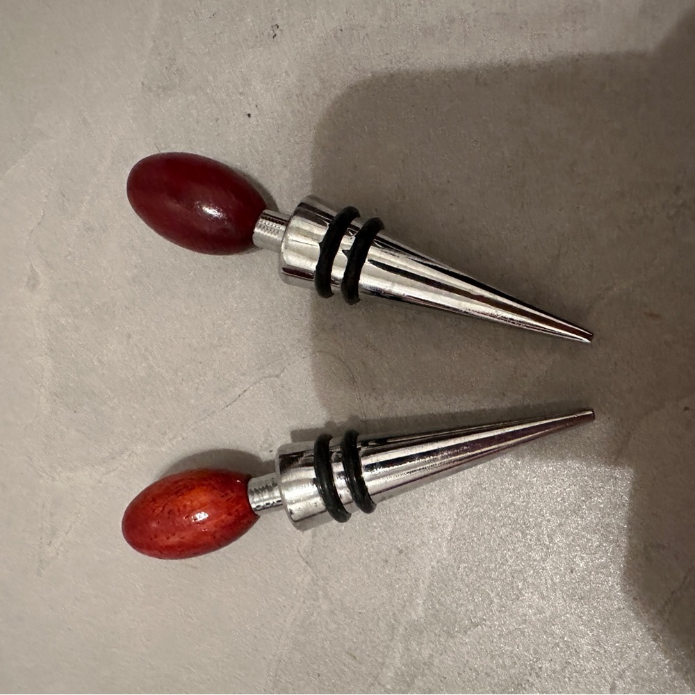 2 ct Wood and Chrome Wine Bottle Stoppers 4.25” Reusable Double Ring Champagne